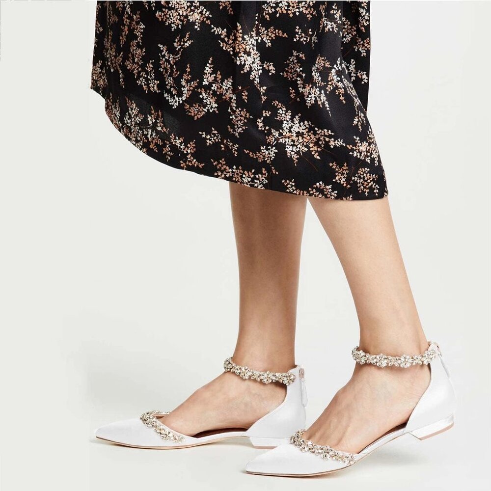 FOWT Elegant Satin Crystal Strap Back Zipper D'Orsay White Flats for Women
